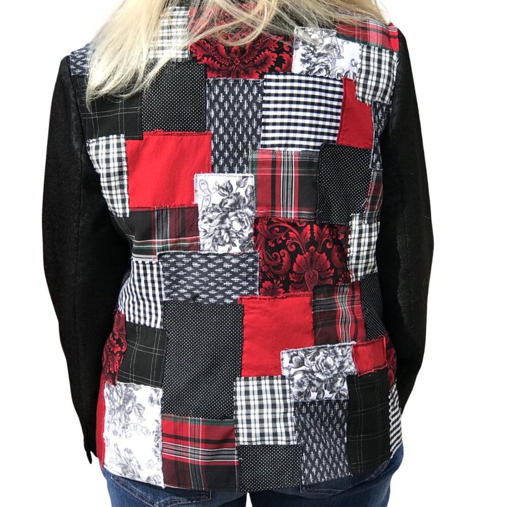 Upcycled Patchwork Jacket, Handcrafted Boho Red Black White Blazer, Size 14P